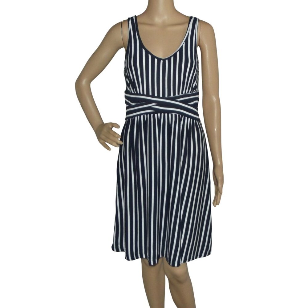 Neesha Dress Womens Sz M/L blue white striped v-neck sleeveless Summer nautical